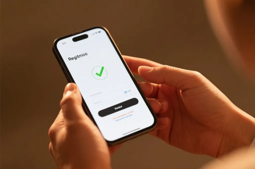 A close up of hands holding a smartphone showing a sleek registration screen with a successful checkmark, professional UI UX design, warm lighting