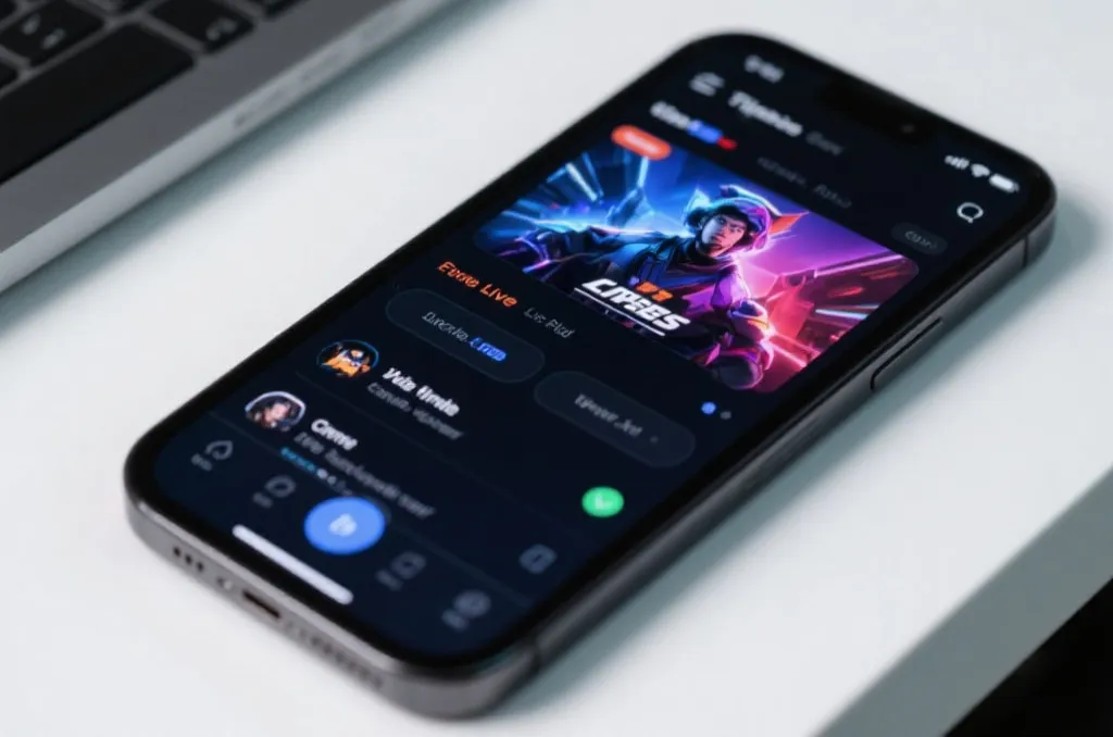 A sleek smartphone screen displaying an esports live stream interface with vibrant game graphics and user interface elements
